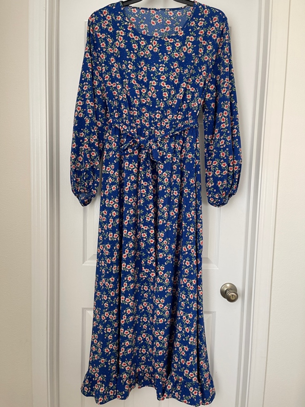 SHEIN Navy Blue Floral Long Sleeve Maxi Dress with Waist Tie size 2XL